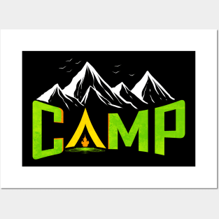 Logo Camp In Tent In The Mountains On Camping Posters and Art